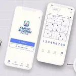 두 대의 스마트폰이 책상 위에 놓여 있으며, 한 화면에는 클래식 수학 퍼즐 게임 앱이 열려 있고 다른 화면에는 퍼즐 문제 창이 표시되어 있다