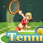 금발의 여성이 테니스 코트를 배경으로 테니스 라켓을 들고 있는 모습과 아래에 Tennis 텍스트가 있습니다