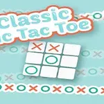 물방울 무늬 배경 위에 Classic Tic Tac Toe라는 텍스트와 X 및 O로 표시된 3x3 격자가 있습니다