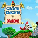 픽셀 아트 스타일로 기사와 용이 대결하는 장면, 배경에는 성과 구름이 있으며 왼쪽 상단에는 CLICKER KNIGHTS VS DRAGONS라는 글자가 있음