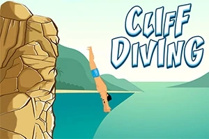 절벽에서 물로 다이빙하는 사람과 Cliff Diving이라는 글자가 있는 장면