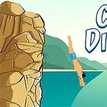 절벽에서 물로 다이빙하는 사람과 Cliff Diving이라는 글자가 있는 장면