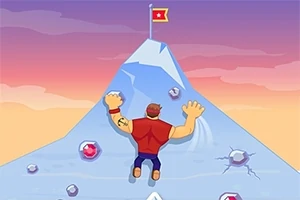 등산복을 입은 남자가 얼음산을 오르는 모습, 정상에 깃발이 꽂혀 있음