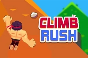 근육질의 남성이 산을 오르는 모습과 CLIMB RUSH라는 텍스트가 있는 이미지