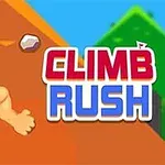 근육질의 남성이 산을 오르는 모습과 CLIMB RUSH라는 텍스트가 있는 이미지