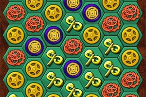 다양한 색상의 기어와 열쇠 모양 기호가 육각형 격자에 배치된 이미지