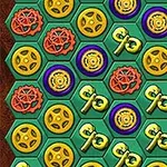 다양한 색상의 기어와 열쇠 모양 기호가 육각형 격자에 배치된 이미지