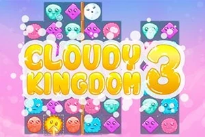 귀여운 얼굴이 그려진 다채로운 색상의 구름 모양이 배경에 있고, 중앙에 노란색 글씨로 CLOUDY KINGDOM 3라는 텍스트가 있음