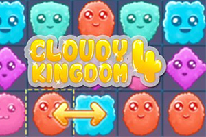 귀여운 얼굴이 있는 다양한 색상의 구름 모양 아이콘과 중앙에 노란색 글씨로 CLOUDY KINGDOM 4 텍스트가 있는 퍼즐 이미지