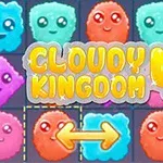 귀여운 얼굴이 있는 다양한 색상의 구름 모양 아이콘과 중앙에 노란색 글씨로 CLOUDY KINGDOM 4 텍스트가 있는 퍼즐 이미지