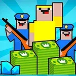 노란색 옷을 입은 사람이 두 명의 경찰과 총, 다이아몬드, 돈 더미와 함께 서 있는 모습