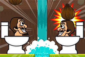 두 명의 만화 캐릭터가 변기에 앉아 웃고 있으며, 머리 위에는 코코넛이 놓여 있다