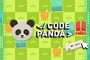 판다 얼굴, CODE PANDA 텍스트, 금색 동전, 방향 표시기, 빨간 보물 상자가 녹색 체커보드 배경에 있는 이미지