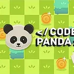 판다 얼굴, CODE PANDA 텍스트, 금색 동전, 방향 표시기, 빨간 보물 상자가 녹색 체커보드 배경에 있는 이미지