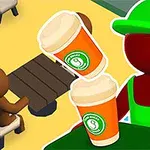 빨간색과 초록색 옷을 입은 캐릭터가 커피 컵 두 개를 들고 있고, 다른 캐릭터는 테이블에 앉아 있는 모습