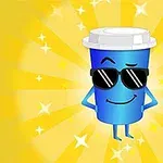 선글라스를 쓴 파란색 음료 컵이 웃고 있는 모습이 노란색 별과 햇살 배경에 있습니다