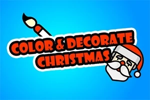 파란 배경 위에 산타클로스 머리와 페인트 붓 옆에 Color & Decorate Christmas라는 빨간 글자가 있는 이미지