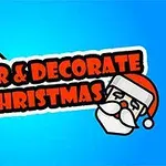 파란 배경 위에 산타클로스 머리와 페인트 붓 옆에 Color & Decorate Christmas라는 빨간 글자가 있는 이미지