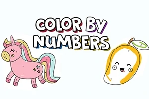 COLOR BY NUMBERS라는 문구와 귀여운 유니콘과 과일 캐릭터가 있는 이미지