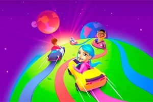 알록달록한 길 위를 자동차를 타고 달리는 세 명의 캐릭터와 배경에 떠 있는 행성들