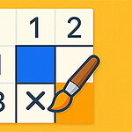 숫자와 X, 파란색과 주황색 칸이 포함된 격자 위에 페인트 브러시가 놓여 있는 이미지