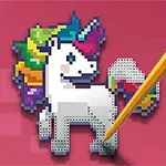 무지개 색깔의 갈기를 가진 화려한 유니콘 픽셀 아트와 연필 이미지