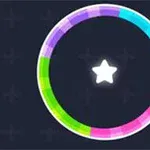 검은 배경에 중앙에 하얀 별이 있고, 별을 둘러싸고 있는 파란색, 분홍색, 보라색 및 초록색으로 구성된 원형 고리