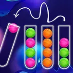 색색의 공이 들어 있는 네 개의 시험관과 굽은 화살표