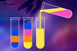 테스트 튜브에 다양한 색상의 액체가 층층이 담겨 있고, 한 튜브가 기울어져 노란색 액체를 붓고 있는 모습