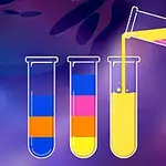 테스트 튜브에 다양한 색상의 액체가 층층이 담겨 있고, 한 튜브가 기울어져 노란색 액체를 붓고 있는 모습