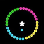 검은 배경 위에 하얀 별과 점이 중심에 있고, 파란색, 녹색, 분홍색, 노란색 원형 점들이 둘러싸고 있는 이미지