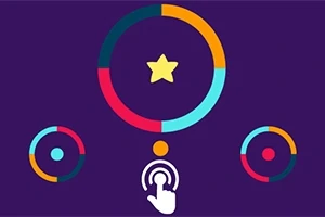 보라색 배경에 별 모양이 있는 원형을 둘러싼 여러 색상의 원과 손가락 아이콘