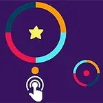 보라색 배경에 별 모양이 있는 원형을 둘러싼 여러 색상의 원과 손가락 아이콘