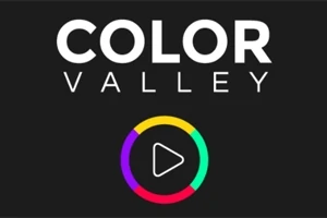 검은 배경 위에 COLOR VALLEY라는 흰색 글자와 가운데에 있는 색깔이 있는 원형과 삼각형 재생 버튼이 있습니다
