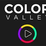 검은 배경 위에 COLOR VALLEY라는 흰색 글자와 가운데에 있는 색깔이 있는 원형과 삼각형 재생 버튼이 있습니다