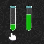 두 개의 시험관에 초록색 액체가 들어 있고, 그 아래 손 모양의 아이콘이 있는 이미지