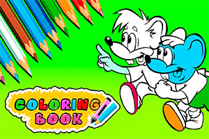 만화 스타일의 동물 캐릭터 두 마리가 다채로운 색연필과 COLORING BOOK 텍스트와 함께 녹색 배경 위에 나타나 있다