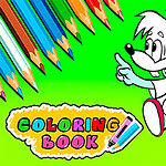 만화 스타일의 동물 캐릭터 두 마리가 다채로운 색연필과 COLORING BOOK 텍스트와 함께 녹색 배경 위에 나타나 있다