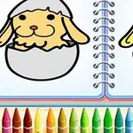 두 마리의 아기 동물 캐릭터가 각각 알 껍질에 담겨 있으며 아래에는 여러 색상의 색연필들이 놓여 있습니다