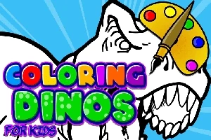 흰색 공룡이 팔레트와 붓을 머리에 얹고 있는 모습과 COLORING DINOS FOR KIDS 텍스트