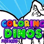 흰색 공룡이 팔레트와 붓을 머리에 얹고 있는 모습과 COLORING DINOS FOR KIDS 텍스트