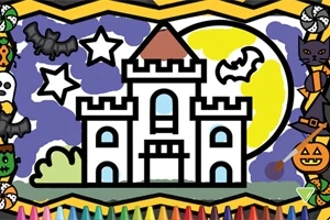 성곽이 있는 풍경에 박쥐와 별이 떠 있는 할로윈 테마의 그림입니다