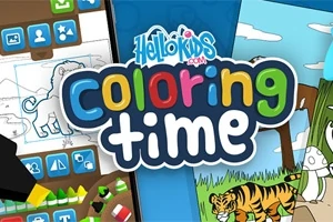 파란색 배경에 coloring time라는 알록달록한 텍스트와 함께 어린이 색칠 공부 페이지 일러스트와 도구 아이콘이 배열되어 있습니다