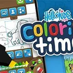 파란색 배경에 coloring time라는 알록달록한 텍스트와 함께 어린이 색칠 공부 페이지 일러스트와 도구 아이콘이 배열되어 있습니다