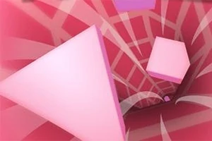 핑크색과 붉은색의 배경에 여러 개의 3D 기하학적 도형들이 떠 있는 모습