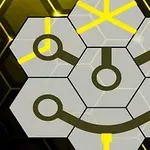 노란색과 검은색 육각형 패턴이 연결된 기하학적 디자인