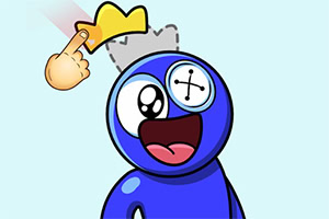 파란색 캐릭터가 왕관을 쓰고 있으며, 버튼 모양의 눈을 가지고 있고, 손가락이 왕관을 가리키고 있다