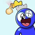 파란색 캐릭터가 왕관을 쓰고 있으며, 버튼 모양의 눈을 가지고 있고, 손가락이 왕관을 가리키고 있다