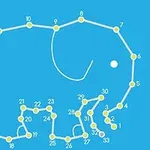 파란 배경 위에 선과 숫자를 연결하여 코끼리 형태를 만들 수 있는 도트 게임 이미지