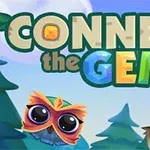 큰 눈의 귀여운 올빼미 두 마리와 Connect the Gems라는 텍스트가 있는 밝은 숲 배경 이미지
